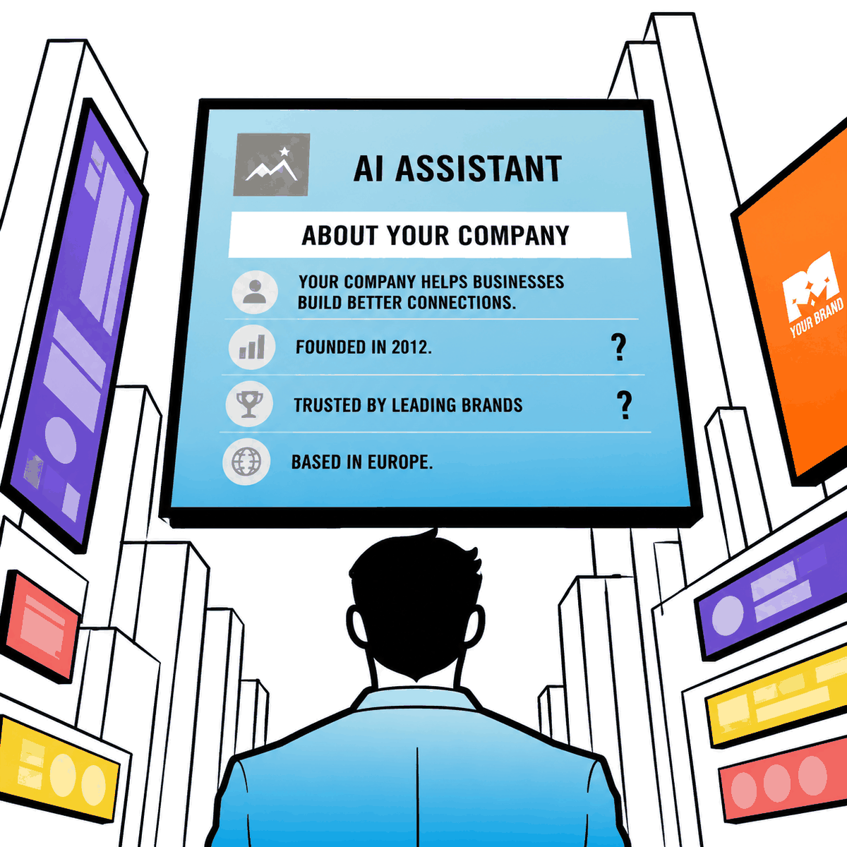 A man looking up at a screen where an AI assistant answers a question about his company, two of its claims marked with a question mark